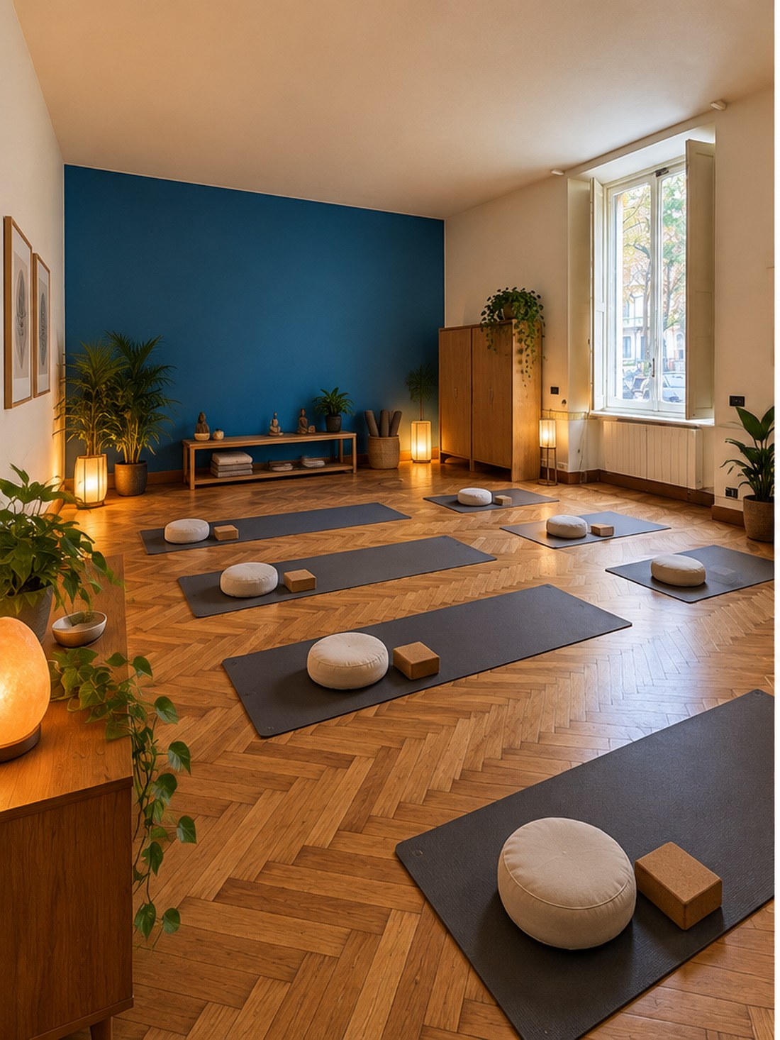 Il salone dello studio allestito per la pratica, con i tappetini e i cuscini da meditazione